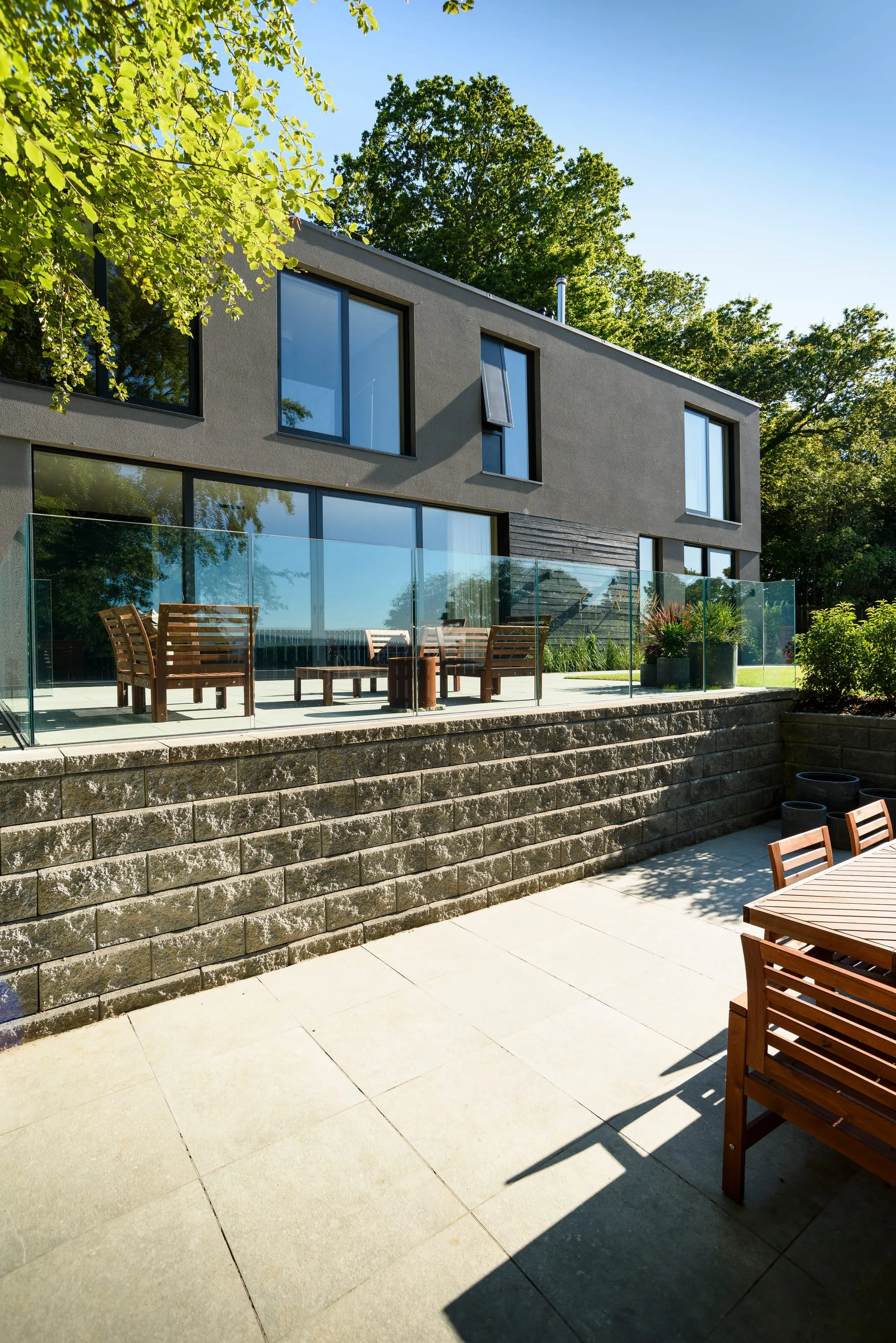 Raised terrace steps and lawn