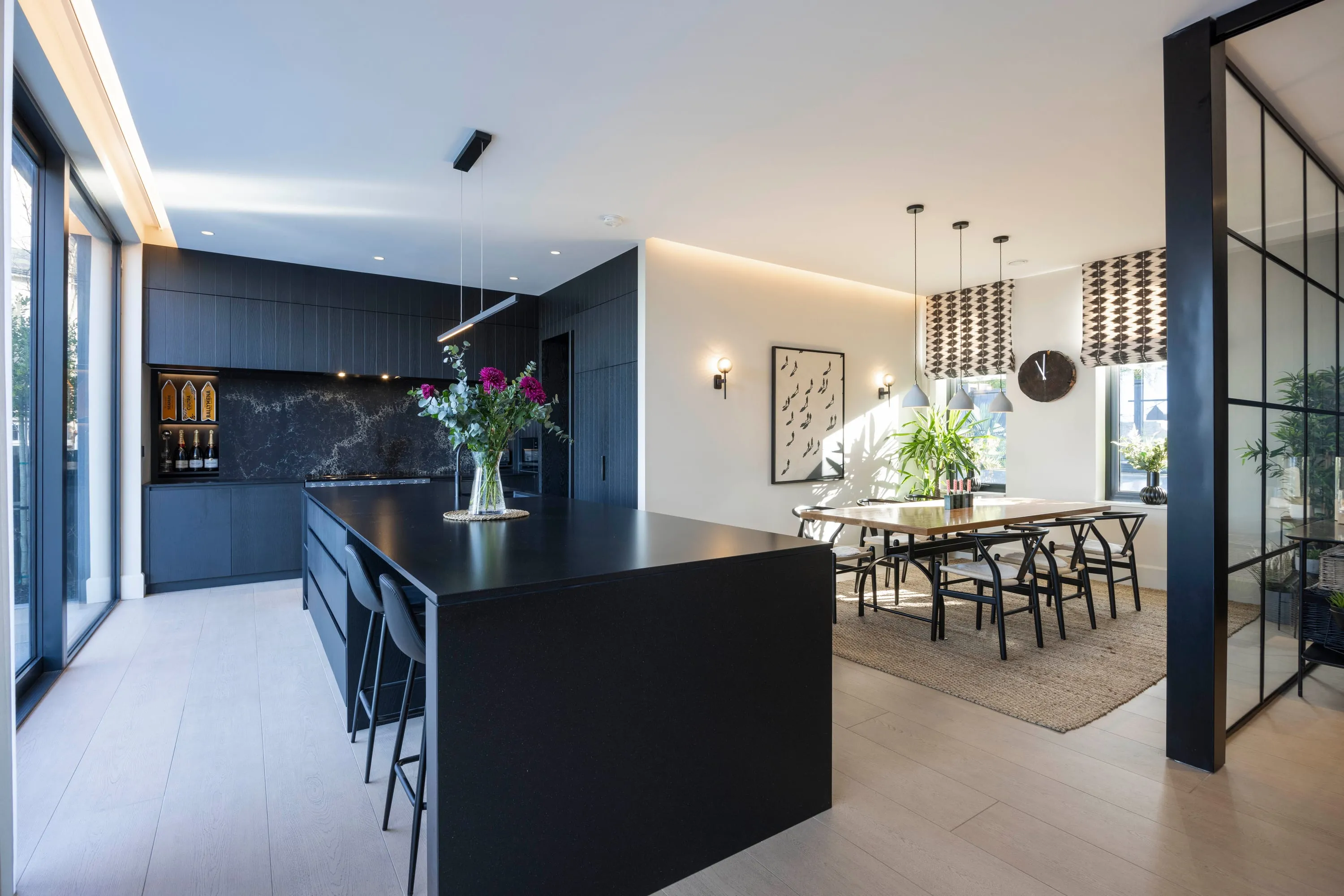Kitchen and dining area looking towards the garden doors